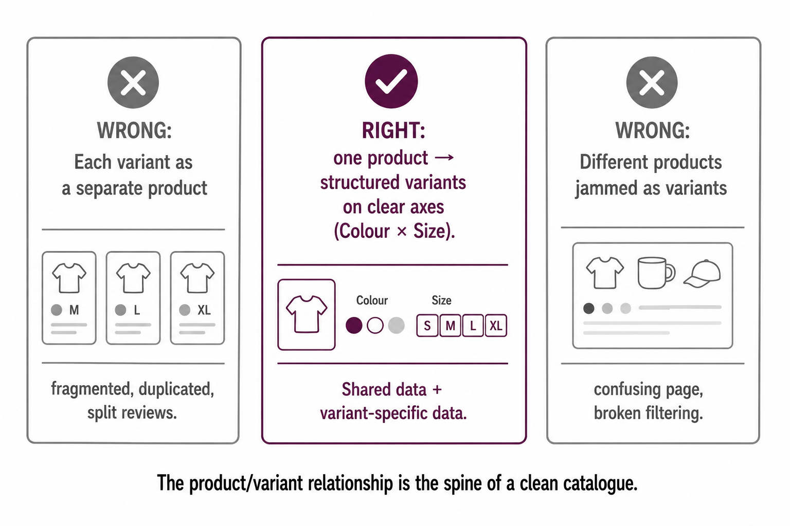 One product with structured variants on clear axes (right) versus splitting variants into separate products or jamming different products together (both wrong).