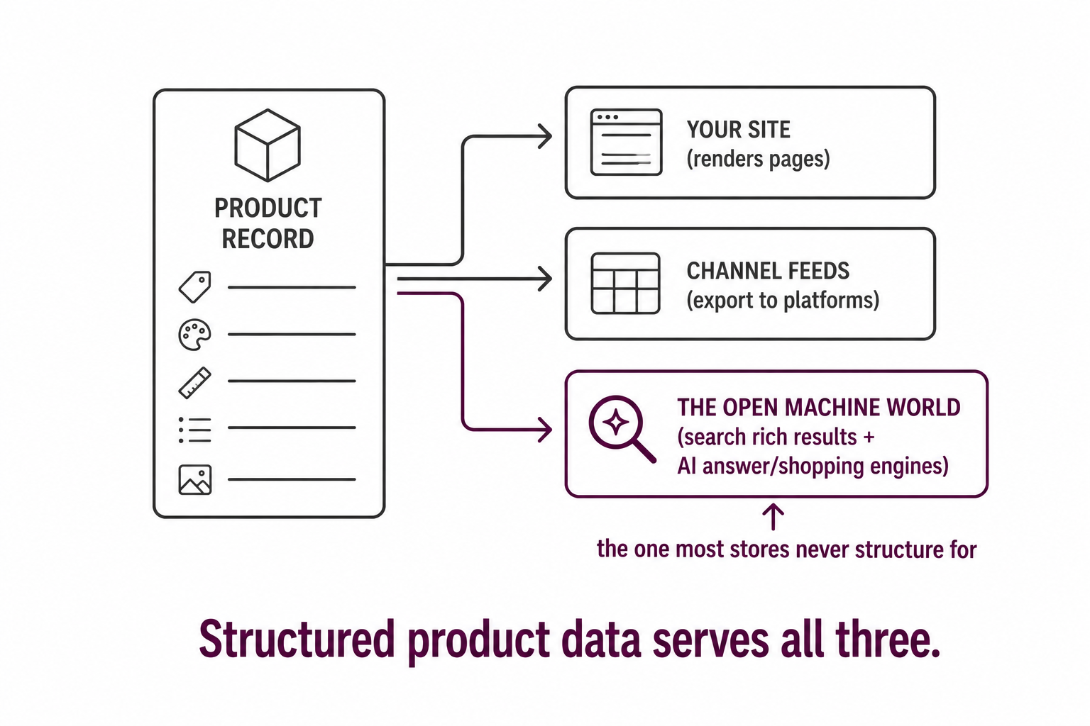A product record served to three readers: your own site, channel feeds, and the open machine world of search rich results and AI shopping engines.