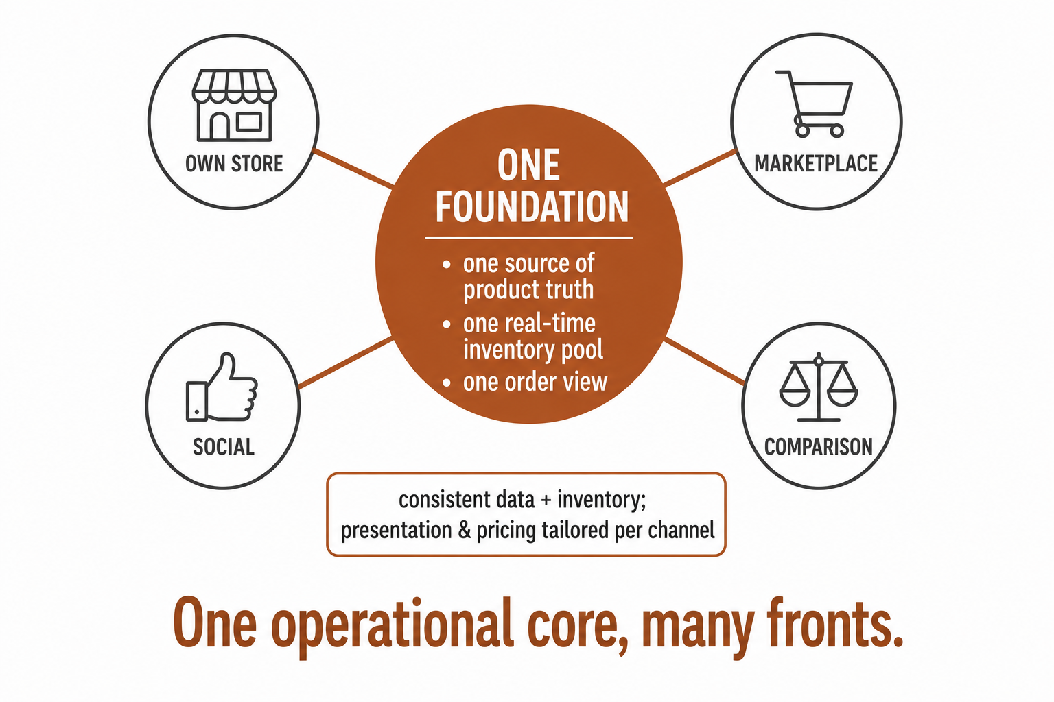 One operational foundation (product truth, real-time inventory pool, one order view) feeding many channels, with presentation and pricing tailored per channel.