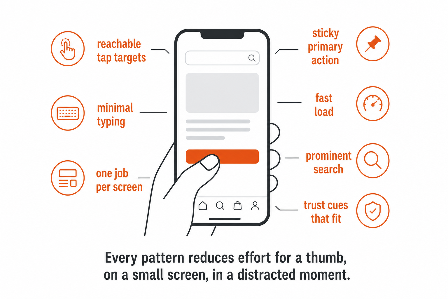 A phone and thumb surrounded by mobile conversion patterns: reachable targets, minimal typing, one job per screen, sticky action, fast load, search, trust cues.