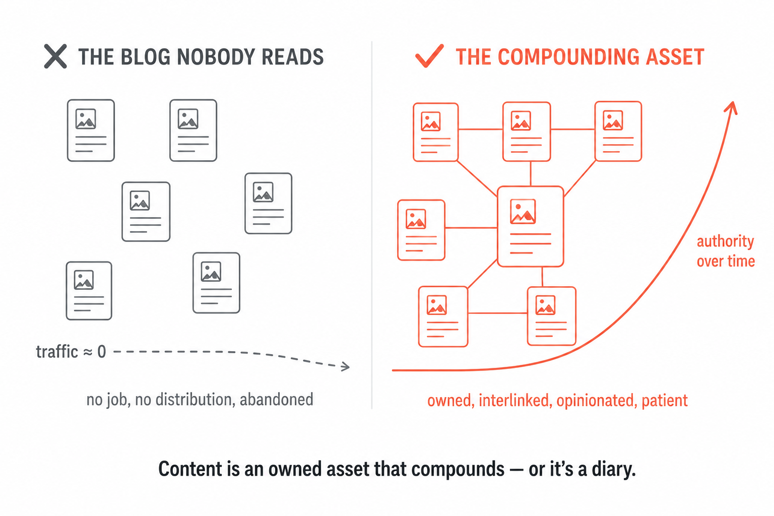 A dead blog of disconnected posts trailing to zero traffic versus interlinked clustered content compounding into authority over time.