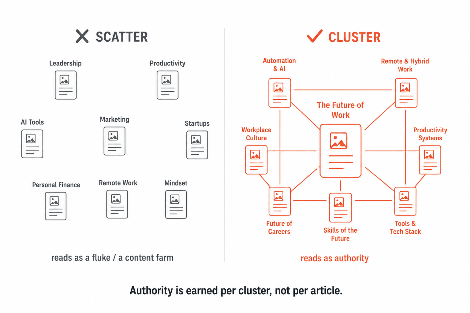 Scattered disconnected posts across many topics (reads as a fluke) versus a cornerstone with interlinked supporting pieces on one subject (reads as authority).