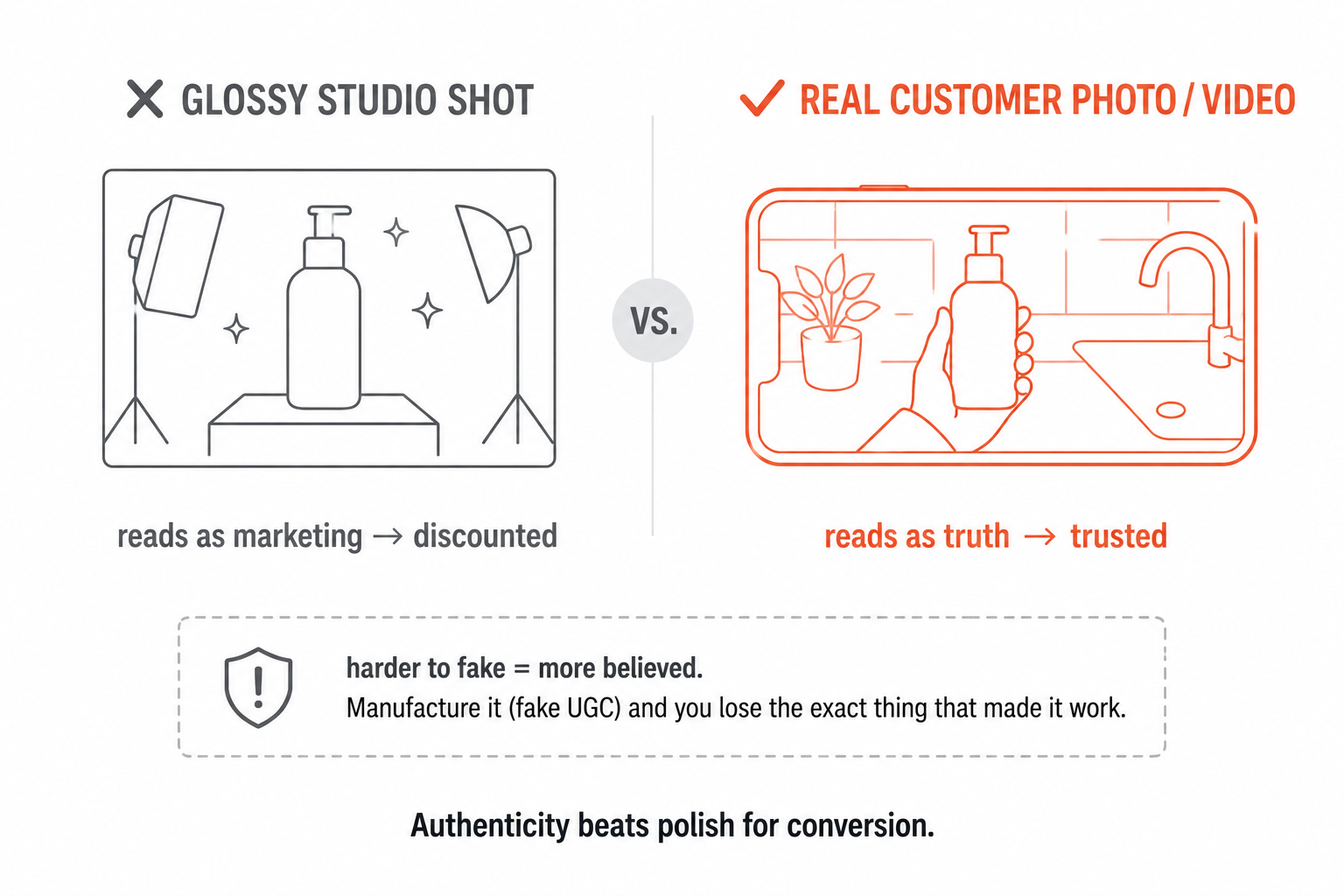 A glossy studio shot (reads as marketing, discounted) versus a real customer photo (reads as truth, trusted).