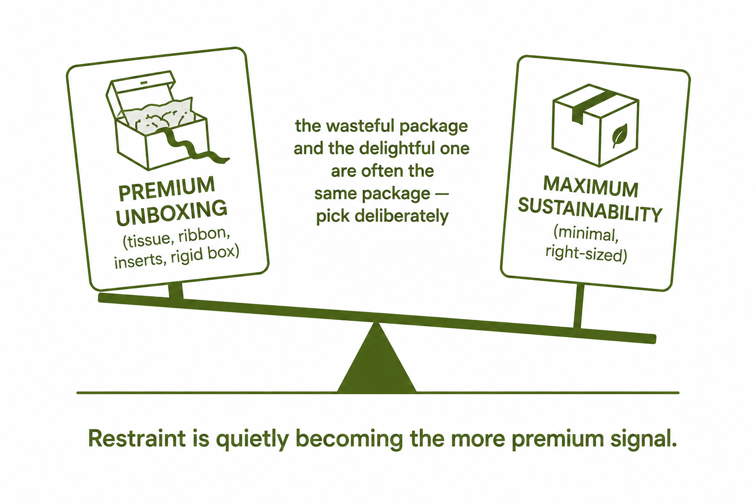 A balance tilting between a premium unboxing with tissue and ribbon and maximum sustainability with minimal right-sized packaging.