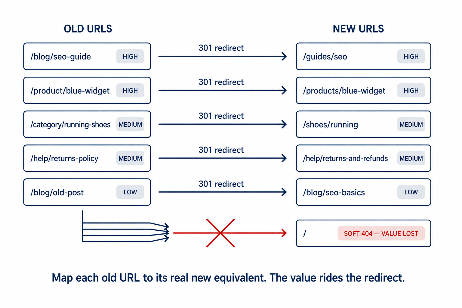 Old URLs with value badges redirected via 301 to their real new equivalents carrying the value across, versus all old URLs dumped on the homepage as a soft 404 that loses the value.