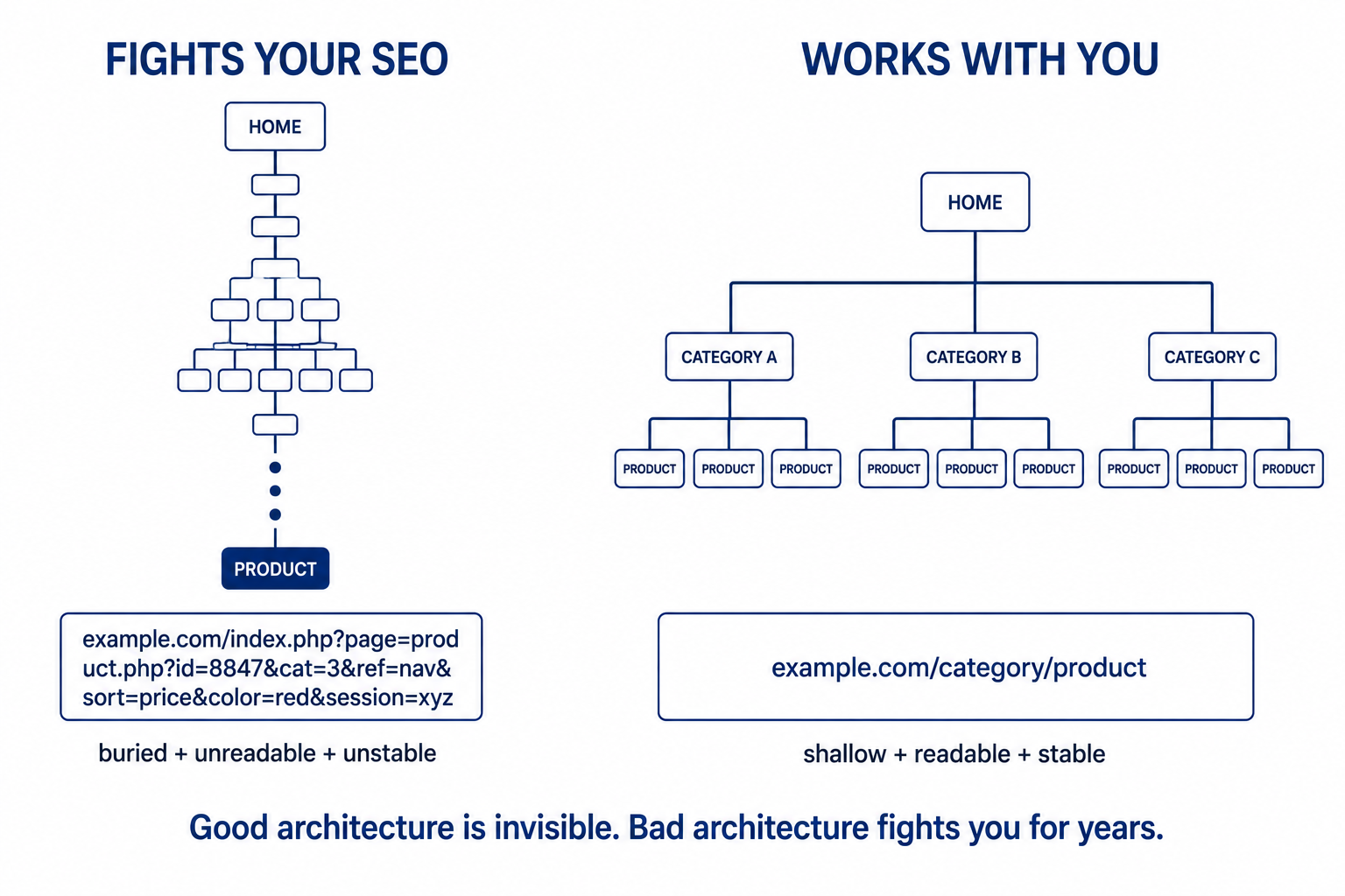 A deep narrow site tree with a gibberish URL that fights SEO versus a shallow wide tree with a clean readable URL that works with it.