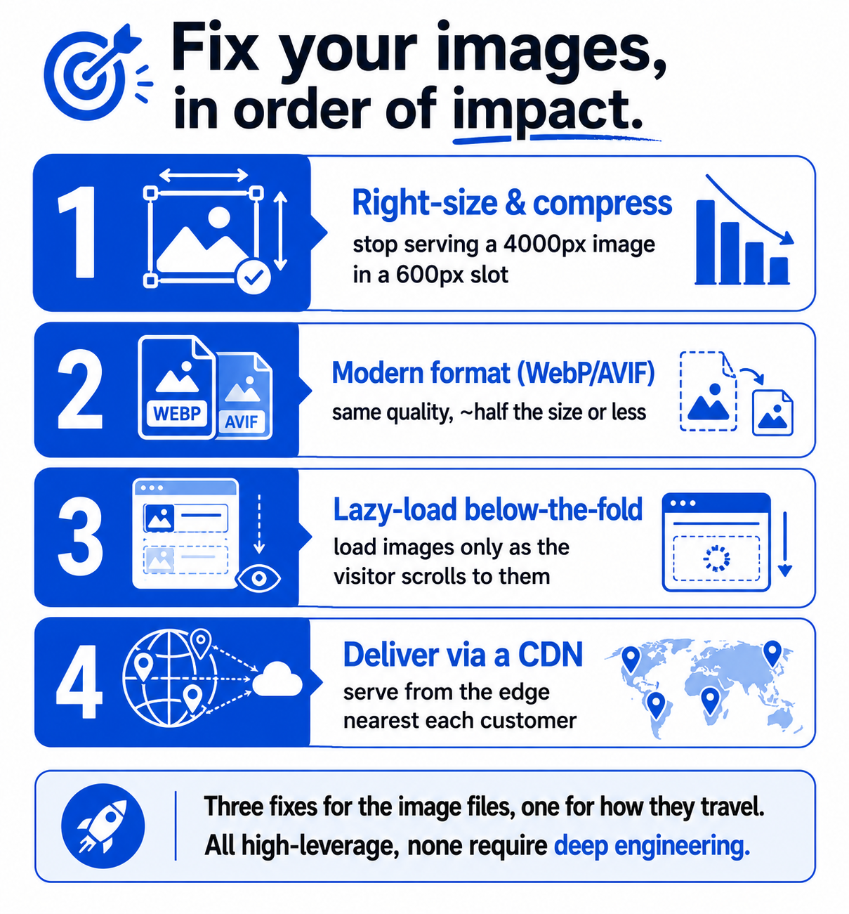 Four image fixes in order of impact: right-size and compress, use a modern format like WebP or AVIF, lazy-load below-the-fold images, and deliver via a CDN.