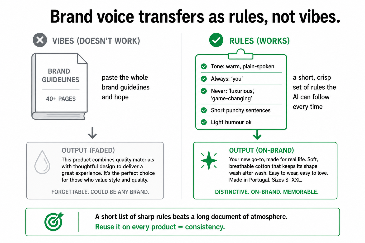 Brand voice transfers as rules not vibes: a 40-page PDF producing watery output versus a short crisp rule list producing sharp, distinctive output.