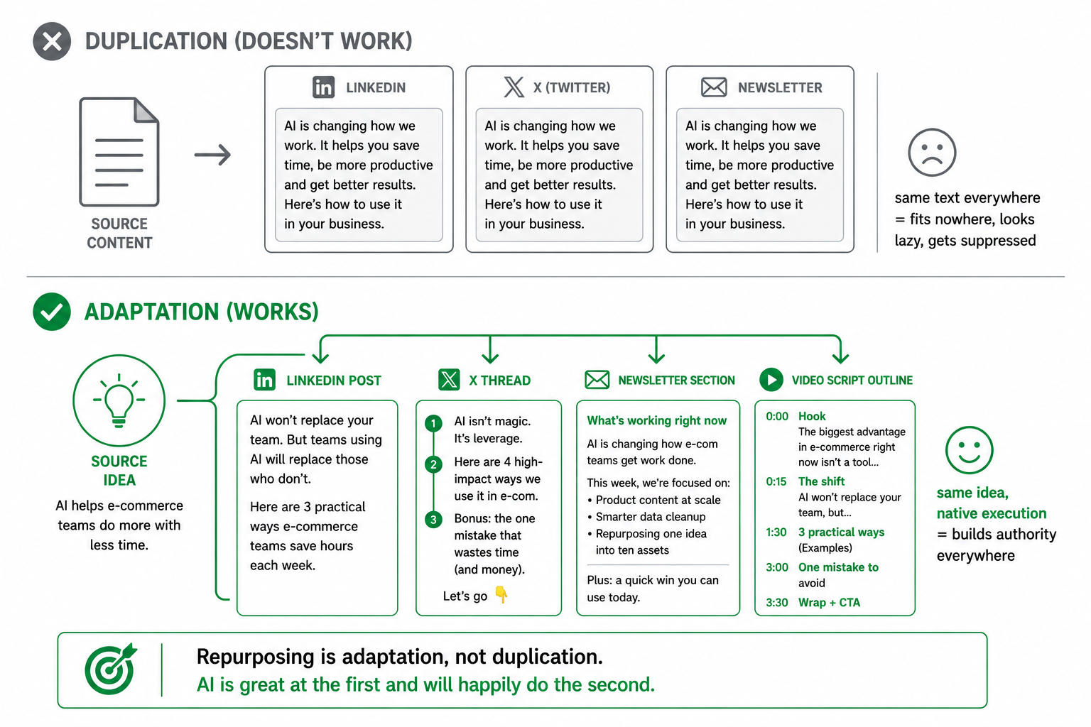 A contrast between duplication (the same text block copied identically onto three platforms) and adaptation (one source idea reshaped into distinct native formats for each platform).