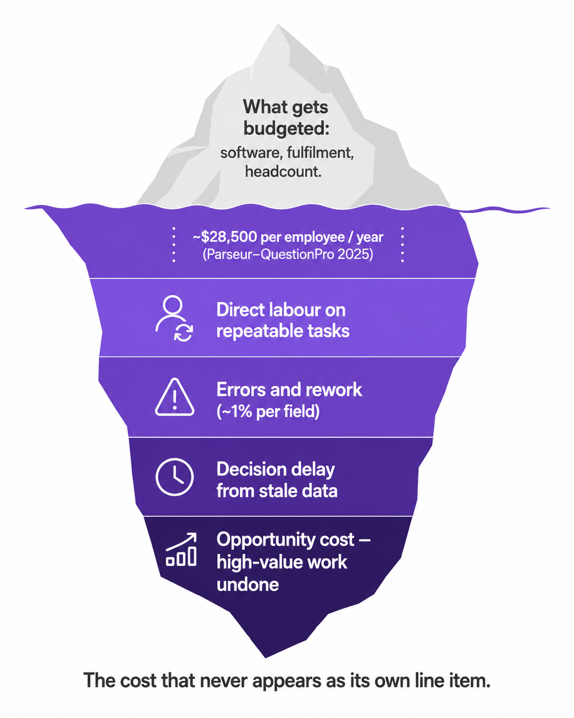 An iceberg diagram showing budgeted costs above the waterline and the larger hidden costs of manual operations below: labour, errors, decision delay, and opportunity cost.