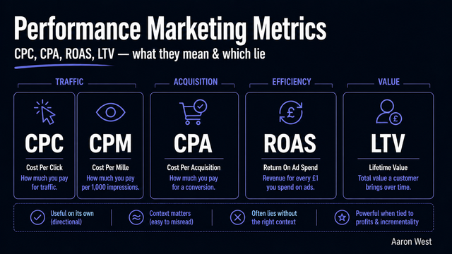 The Performance Marketing Metrics Glossary: CPC, CPM, CPA, CPL, CPS, ROAS, AOV, LTV