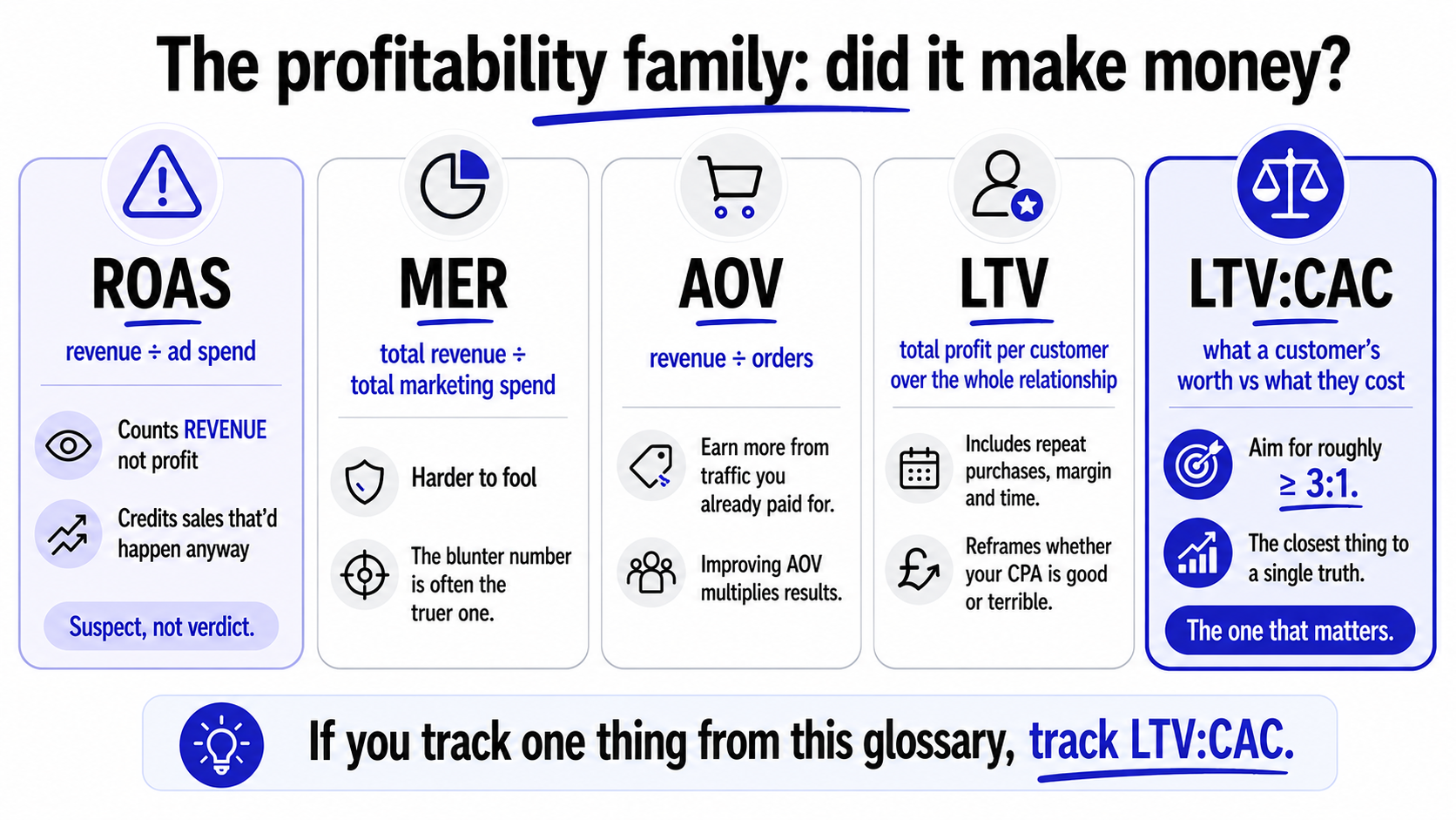 The profitability metrics ROAS, MER, AOV, LTV, and the LTV-to-CAC ratio, with ROAS flagged as misleading and LTV:CAC highlighted as the one that matters most.