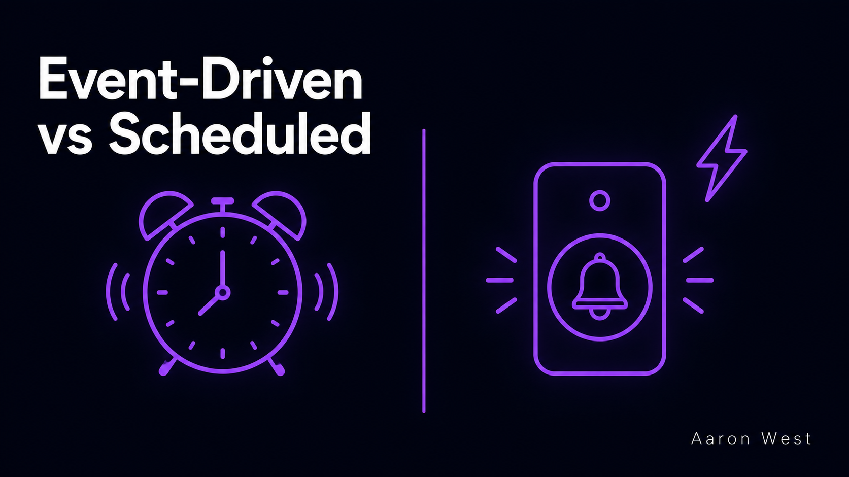 Two metaphors side by side: a scheduled automation as an alarm clock that runs at a set time, and an event-driven automation as a doorbell that runs the instant something happens.