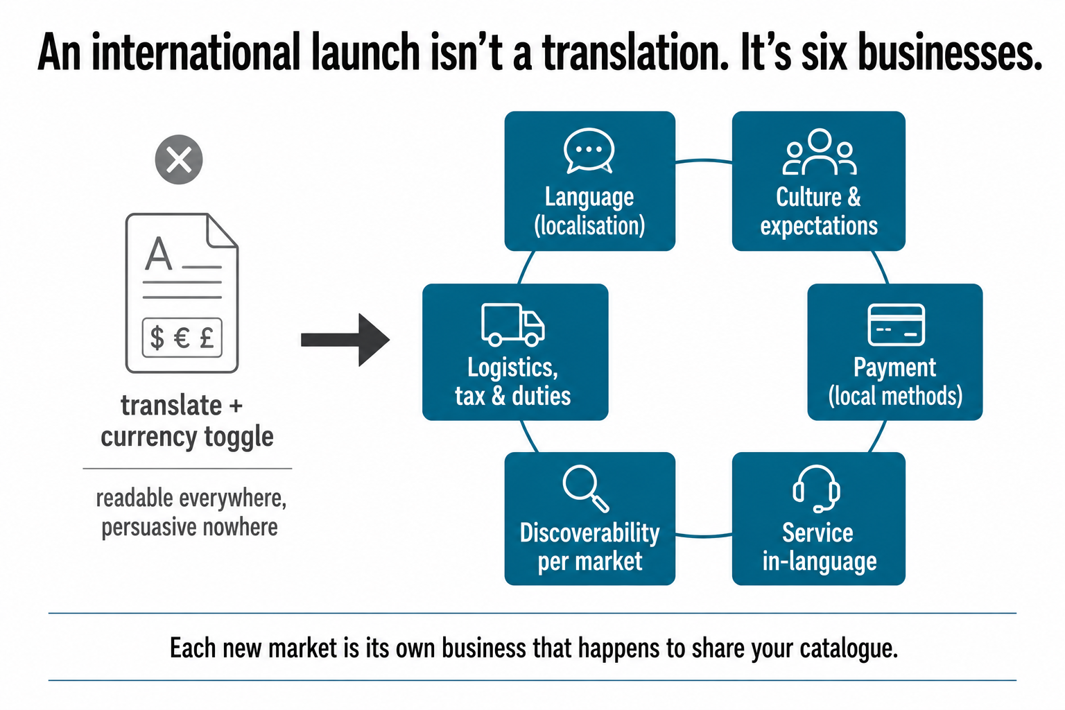 A naive "translate and currency toggle" page on one side, and the six real dimensions of a market entry (language, culture, payment, logistics and tax, discoverability, service) on the other.