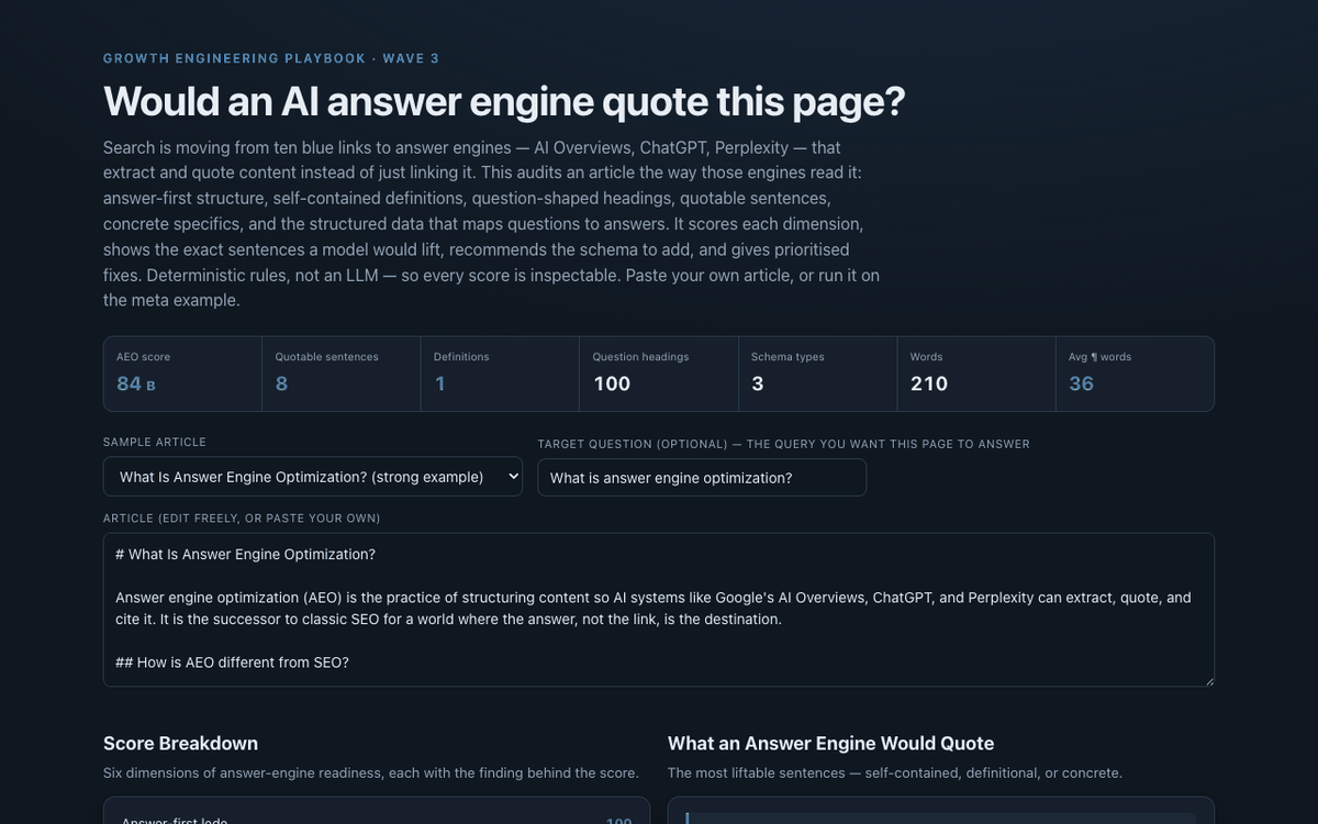 GEO / AEO Content Checker showing an overall answer-engine score, a six-dimension breakdown, and the sentences an AI would quote